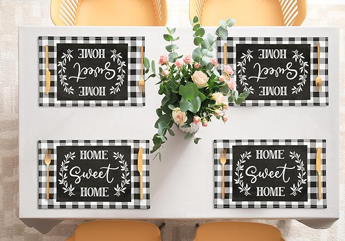 Buffalo Plaid Placemats Set of 6 Black and White Checkered Place Mats Rustic Cloth Table Mats - Linen Washable Wipeable Heat Resistant Placemats for Dining Table Kitchen Coffee Dinner