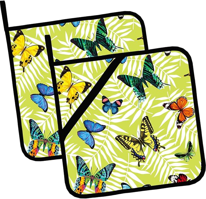 Butterfly and Leaves Pot Holders Set of 2,Kitchen Heat Resistant Potholders for Microwave Cooking Baking Oven and BBQ Gifts for Women