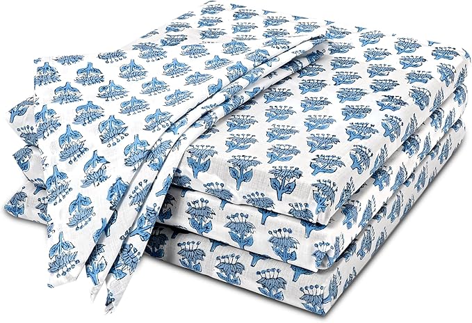 CPC Apatite Blue Indian Block Print Cotton Cloth Napkins Set of 4, 18x18 Reusable Everyday Napkins, Soft, Absorbent, Floral Dinner Napkin, Holiday, Party Gift, Spring,Mother's Day