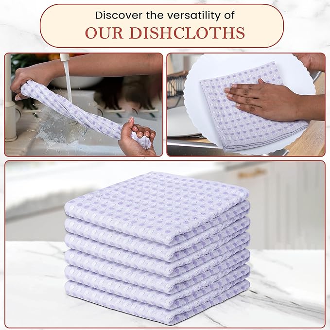 Vintage Vista 100% Cotton Dish Cloths (Pack of 6) - Dish Rags for Washing Dishes - Reusable & Highly Absorbent Kitchen Towels - Kitchen Rags fo Easter - (12" x 12" - Purple Honeycomb)