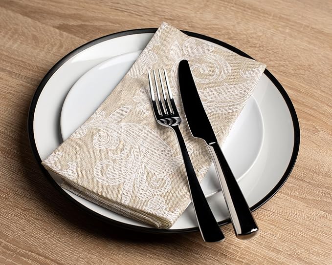 Encasa XO Beige Cloth Napkins Set of 12, 18x18 in | Floral Jacquard Homespun Cotton Dinner Napkins | Washable & Reusable Wedding Napkins for Holiday Dining, Parties, & Everyday Table Décor