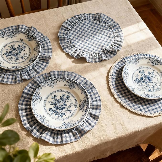 4 Pcs 15 Inch 100% Cotton Scalloped Round Placemats, Thin Light Blue Plaid Place Mats with Ruffle, Washable Placemats Table Mats for Kitchen Dining Holiday Gatherings Decor(Gingham)