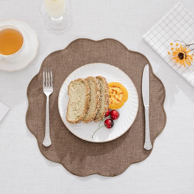 SHACOS Scalloped Round Placemats Set of 6 Polyester Linen Blend 15 inch Washable Non Slip Place Mats Easy Clean Heat Resistant Table Mats for Kitchen Dining Table Decor, Brown