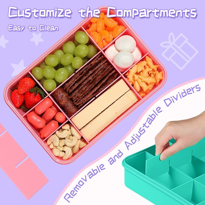 Xyptorix 2 Pcs Snack Box Container for Kids - Adjustable 12-Compartment Snack Containers, Reusable Bento Box, Dishwasher Safe, BPA-Free, Perfect for School, Travel, Camping & Picnic, Pink & Green