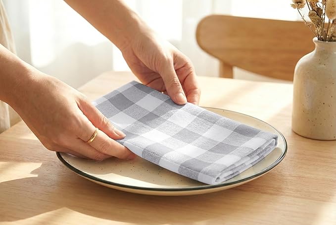 PurpleEssences Buffalo Plaid Cloth Napkins - Mitered Corners - Spring Easter Summer - Gingham Check Dinner Napkin - Set of 12-100% Cotton - 18x18 Inch - Reusable Washable - Grey and White