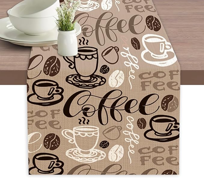 Retro Coffee Cup Table Runner Linen Long Farmhouse Rustic TableRunner for Party Holiday Dining Room /Kitchen,13 x 70 Inches
