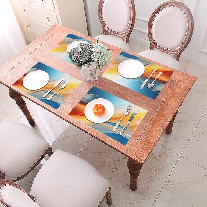 Blue and Orange Abstract Fluid Linen Placemats Set of 4, Non-Slip Heat-Resistant Modern Boho Burnt Orange Yellow and Blue Kitchen Table Mats for Dining Table, Kitchen, Coffee Shop, Modern Home Decor
