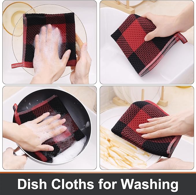 Mordimy 100% Cotton Waffle Weave Plaid Dish Cloths, 12 x 12 Inches, Super Soft and Absorbent Quick Drying Buffalo Check Dish Rags for Kitchen, 6-Pack, Black & Red