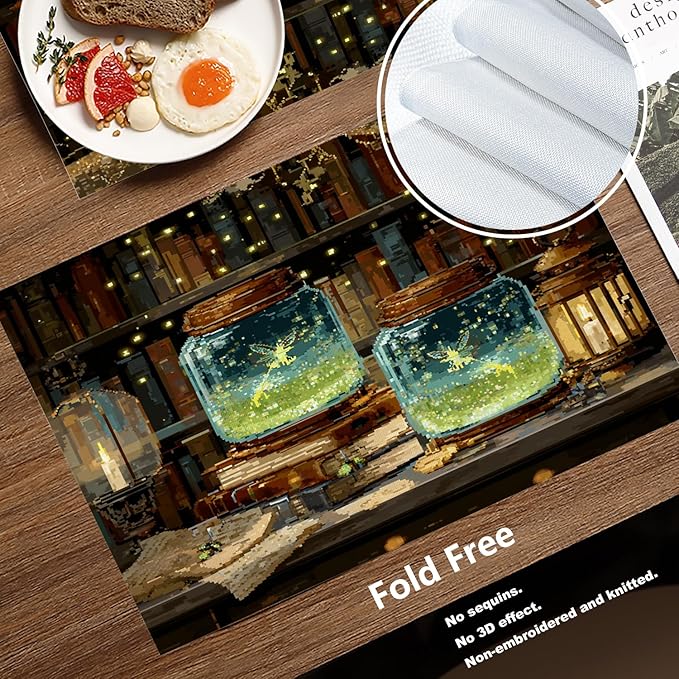 Batmerry Enchanted Library Fairies Placemats, Magical Jars with Fairies Washable Linen Table Mats for Kitchen Table Double Insulation Decor Dining Set Indoor Outdoor 12X18 in Set of 4