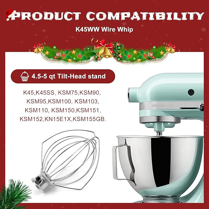 K45WW Wire Whip Attachment for Tilt-Head Stand Mixer 6-Wire Fits For k-i-t-c-h-e-n-a-i-d 4.5-5QT Title-Head Stand Mixer K45 KSM90,Stainless Steel,Egg Cream Stirrer,Cakes Mayonnaise Whisk by Sikawai