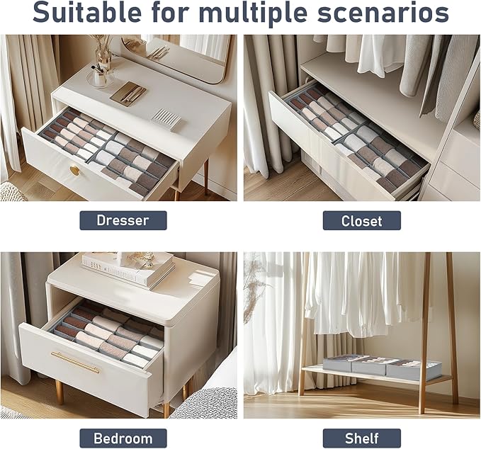 Joyoldelf Sock Drawer Organizer Divider 4 Packs Underwear Organizer, 2 x 24 Cell + 2 x 16 Cell Closet Organizers and Storage Sock Holders for Storing Socks, Handkerchiefs, Ties, Belts (Grey)