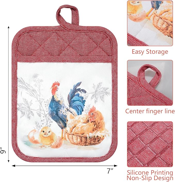 Pot Holders Set of 3 Silicone Printing Non Slip Heat Resistant, Yarm-Dyed Hot Pads Cotton Home Kitchen Cooking Barbecue Microwave Women Men Machine Washable BBQ Grilling. (Red Potholders)