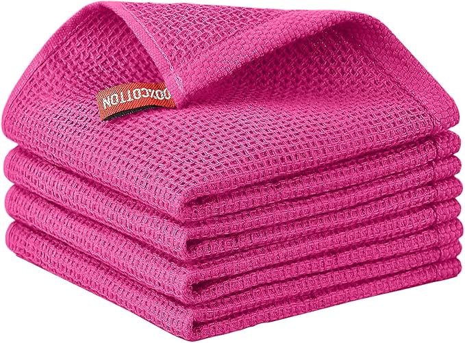 Niallant 4 Pack Pink Cotton Waffle Weave Kitchen Dish Cloths, Soft Absorbent Dish Rags, Quick Drying Cleaning Rags - 12x12 in