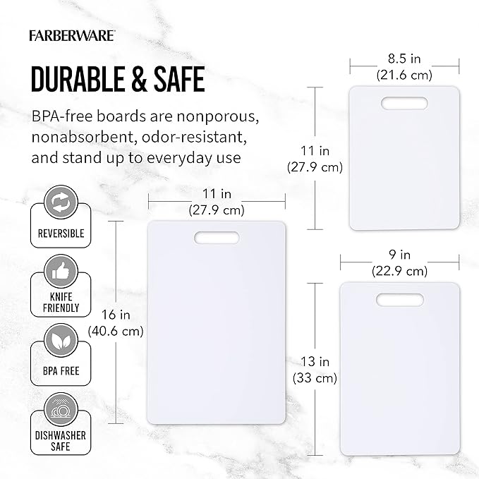 Farberware Plastic Cutting Board Set, Dishwasher- Safe Poly Chopping Board for Kitchen with Easy Grip Handles, Set of 3, White