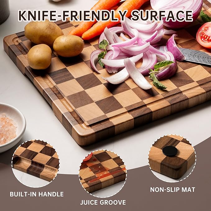 Checkered Cutting Boards for Kitchen, Wooden Cutting Board Set, Acacia Chopping Board with Juice Grooves & Handles, Butcher Block Serving Tray for Meat, Vegetables and Fruits, 3pcs