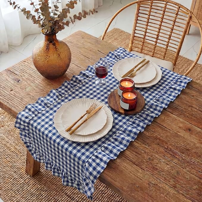 HunnmingRe 1 Pcs Navy Blue Plaid Gingham Ruffle Table Runner 118 x 13.8'' Farmhouse Table Runner 100% Cotton Scalloped Long Dresser Scarves for Dining Room, Wedding, Kitchen Rustic Home Decor