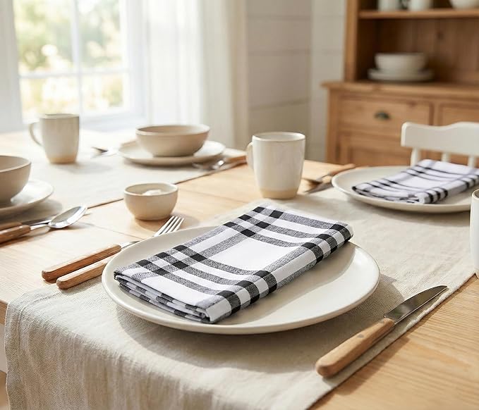 PurpleEssences Homestead Plaid Cloth Napkins - Mitered Corners - Spring Easter Summer - Check Dinner Napkin - Set of 12-100% Cotton - 18x18 Inch - Reusable Washable - Black and White