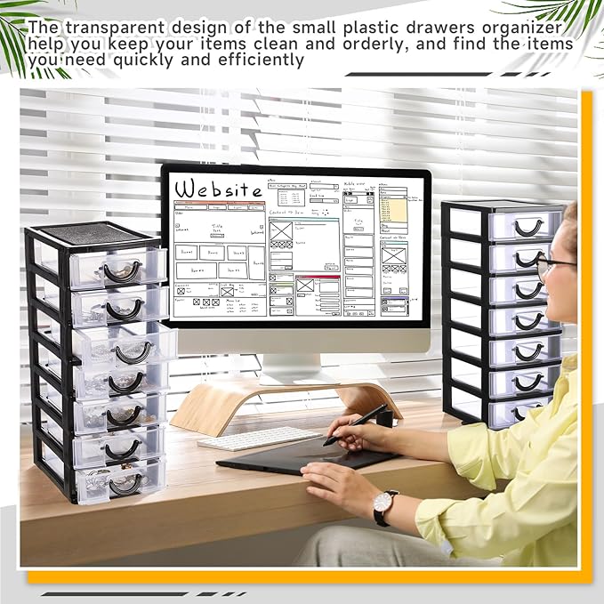 Thyle 2 Pcs Plastic Drawers Organizer Mini Organizer Stackable Plastic Clear Drawer Storage Box Containers Storage Units for Desktop Classroom Craft 6.7 x 4.9 x 13.4 inches(Black)