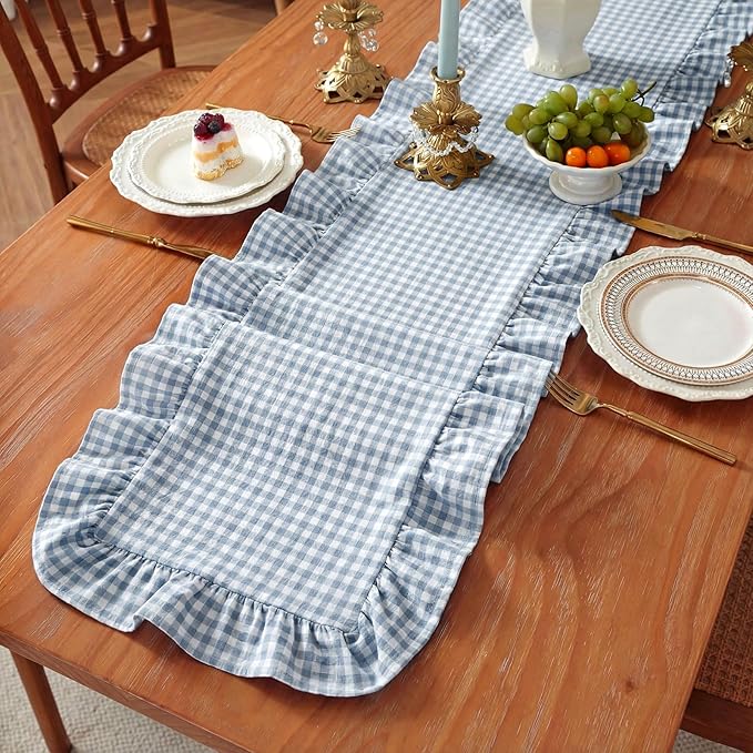 HunnmingRe 1 Pcs Blue Plaid Gingham Ruffle Table Runner 118 x 13.8'' Farmhouse Easter Table Runner 100% Cotton Scalloped Long Dresser Scarves for Dining Room, Wedding, Kitchen Rustic Home Decor