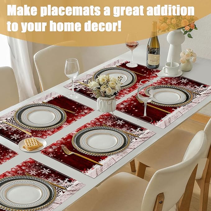 Christmas Tree Placemats Set of 6, Winter Snowflakes Linen Place Mat Washable Stain Resistant Table Mats for Farmhouse Kitchen Dining Party Wedding Decor 12x18 Inch