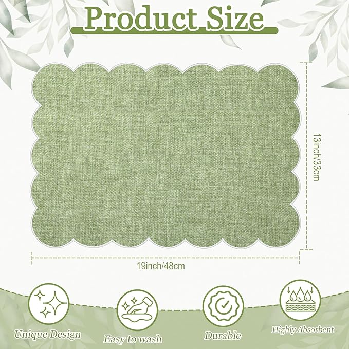 LemonRoad 8 Pcs Boho Linen Placemats Set 13" x 19" Elegant Scalloped Double Layered Placemats Farmhouse Washable Rustic Dining Table Decorations for Kitchen Wedding Banquet (Sage Green,White)