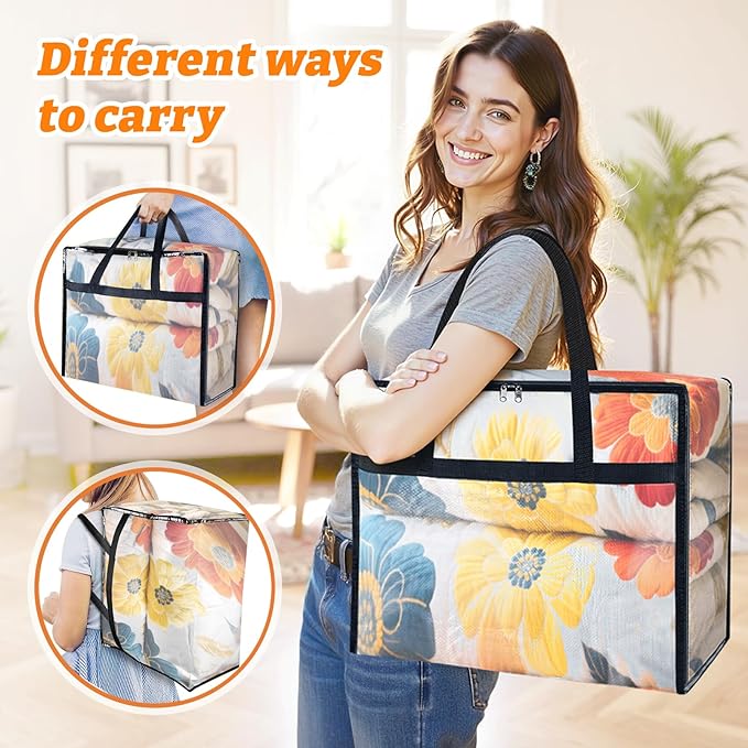 BlissTotes 6 Pack Clear Clothes Storage Bags, Moving Bags, Foldable Blanket Storage Under Bed Storage Containers with Sturdy Zipper and Handle for Clothing, Comforter, Bedding, Sheet (40L)