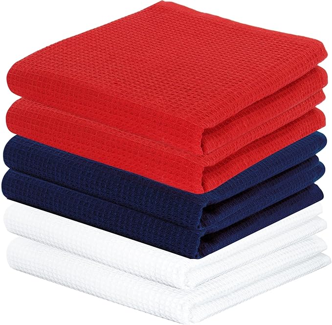 PurpleEssences 4th of July Waffle Weave Kitchen Towel, 100% Cotton - 15x25 Inches with Hanging Loop, Ultra Soft Absorbent Quick Drying Dish Cloth, Tea and Hand Towels, 6 Pack - Summer - Red Blue White
