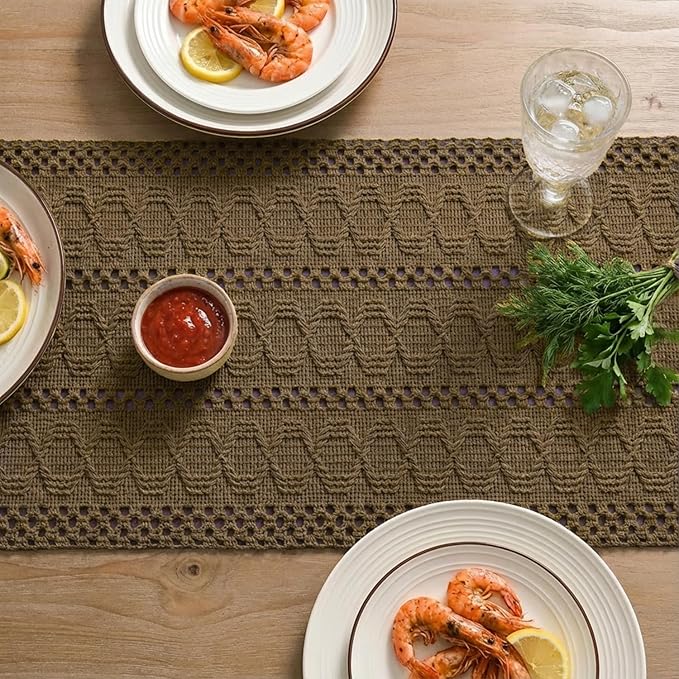 Artoid Mode Light Coffee Farmhouse Woven Rustic Hollow Table Runner, Seasonal Holiday Hollow Kitchen Dining Table Decoration for Home Party Decor 12x90 Inch