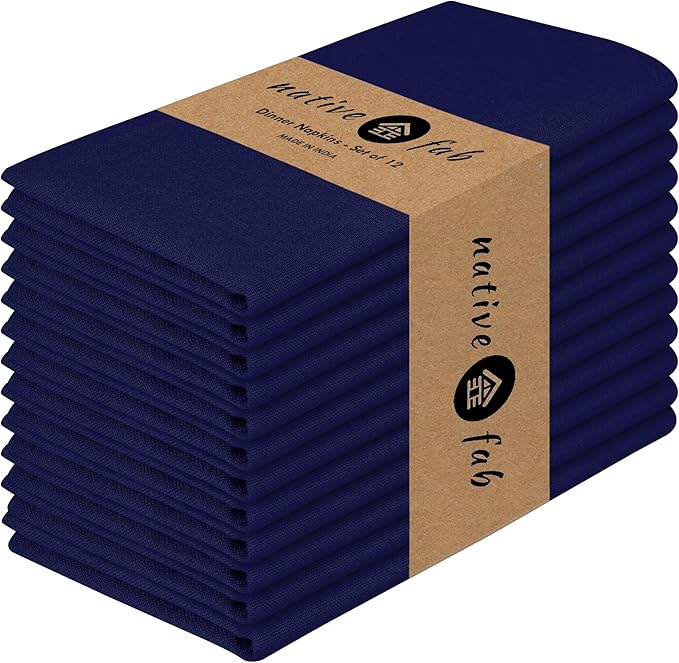 Native Fab Cloth Napkins Set of 12, 100% Cotton, 17" x 17", Washable & Reusable Fabric Linen, Table Decor for Dinner, Events, Parties, Weddings - Navy Blue