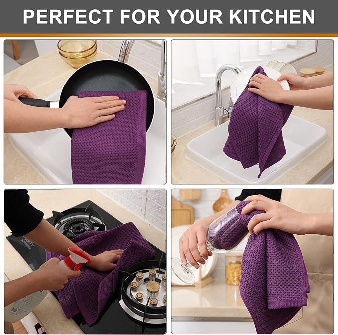 Kitinjoy 100% Cotton Waffle Weave Kitchen Hand Towels (13 x 28 Inches, Violet), 4-Pack Super Soft and Absorbent Dish Towels for Drying Dishes