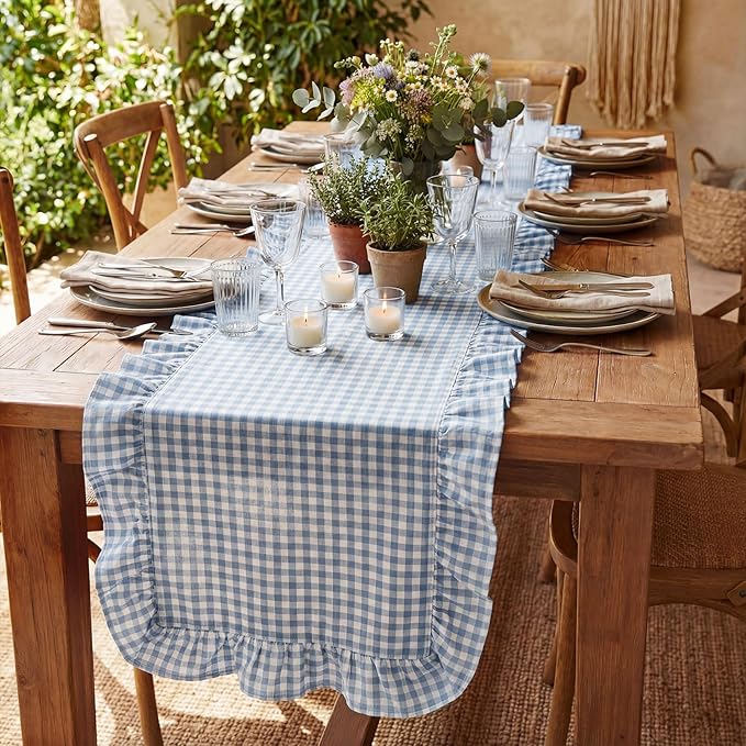 HunnmingRe 1 Pcs Blue Plaid Gingham Ruffle Table Runner 118 x 13.8'' Farmhouse Easter Table Runner 100% Cotton Scalloped Long Dresser Scarves for Dining Room, Wedding, Kitchen Rustic Home Decor