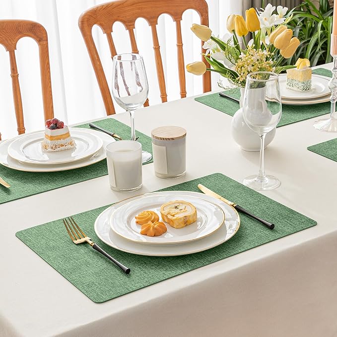 Romanstile Vinyl Placemats Set of 4-12 X 17 Inch - Faux Leather 100% Waterproof Oil-Proof Wipeable Place Mats, Heat Resistant Reversible PU Table Mats for Kitchen Dining Party Outdoor, Dark Green