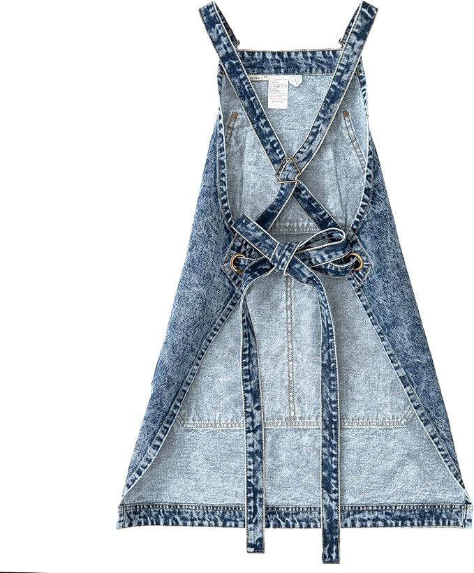Jeanerlor - Cotton Denim Apron with Pockets for Men - Jean Apron for Hairstylis Cross Straps & Adjustable L to XXL (Denim Blue)