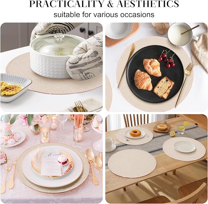 Round Placemats Set of 6, 15 Inch Linen Fabric Table Placemats, Heat Resistant, Wrinkle Free Washable Placemats Kitchen Place Mats Set of 6 for Dining Table Party Table (Beige, 6)
