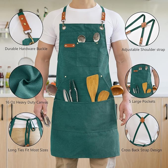 Aoomzoon Canvas Aprons for Men Chef Apron, Work Apron with Large Pockets - 16oz Heavy Duty Cross Back, BBQ, Cooking