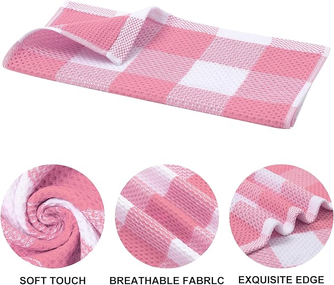 Mordimy 100% Cotton Waffle Weave Kitchen Towels, 13 x 28 Inches, Super Soft and Absorbent Buffalo Check Dish Towels for Drying Dishes, 4-Pack, Pink