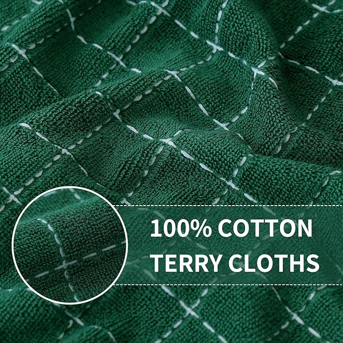 Homaxy Kitchen Towels and Dishcloths Set, 12 x 12 and 13 x 28 Inches, Set of 10 Bulk Cotton Terry Kitchen Towels Set, Checkered Designed, Soft and Super Absorbent Dish Towels, Dark Green