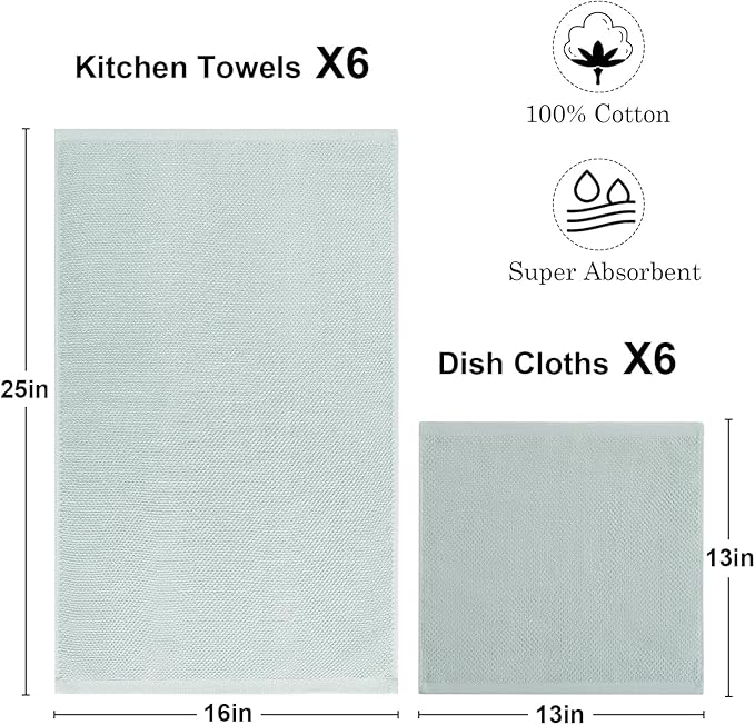 12 Pack Kitchen Towels and Dishcloths Set, 100% Cotton Soft and Absorbent Kitchen Towels 16 x 25 inche & 13 x 13inche Dishcloths
