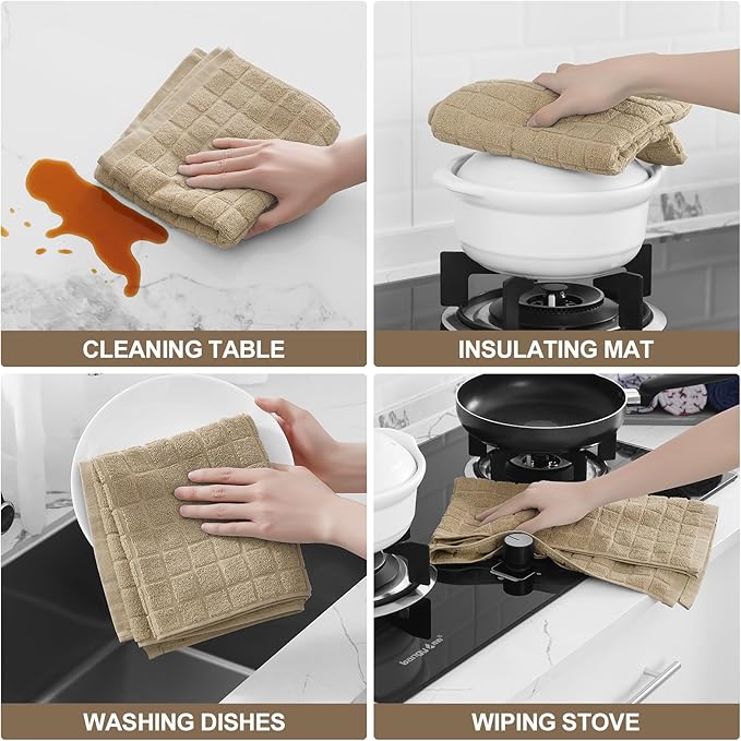 Homaxy Premium Cotton Kitchen Towels 16"x 28", Large Natural Ring Spun 390 GSM Dish Towels, Super Absorbent Terry Kitchen Hand Towels, Soft Tea Towels with Hanging Loop, Pure Tan Design, 6 Pack