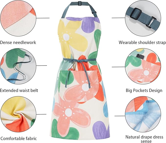 2 Pack Floral Apron for Women with Pockets, Adjustable Cotton Chef Aprons for Kitchen, Cooking, BBQ & Grill