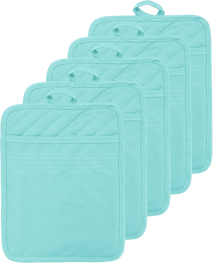 Oven Pot Holder with Pocket Cotton Heat Resistant Coaster Potholder Kitchen Hot Pad Oven Mitts for Cooking Square 7"x9"Set of 5 (Aqua)