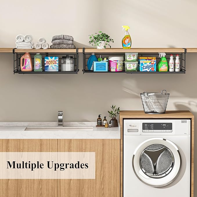 Expandable Under Cabinet Shelf, Extendable Under Shelf Storage with Removable Wire-Like Back for Pantry Cabinet, Laundry Room, Shoe Rack. (Black, 2 Pack, Interior: 5" H x 10" D)