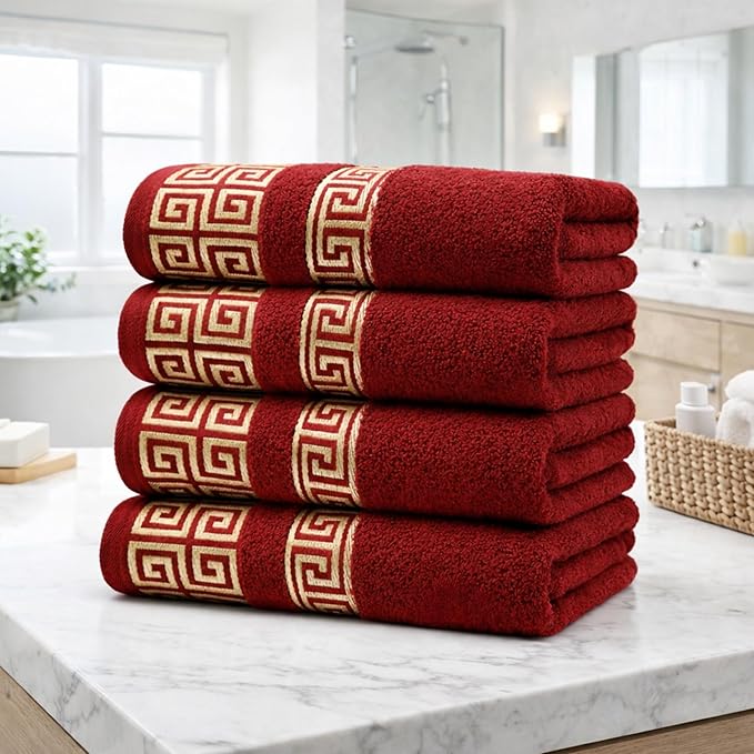 Luxury 4 Piece Bath Towel Set with Greek Key Design - 100% Cotton Soft & Absorbent Bathroom 27x54 in Extra Large Towels - Quick Dry, Plush & Durable - Burgundy Towels Set for Home, Spa & Hotel Use AA3