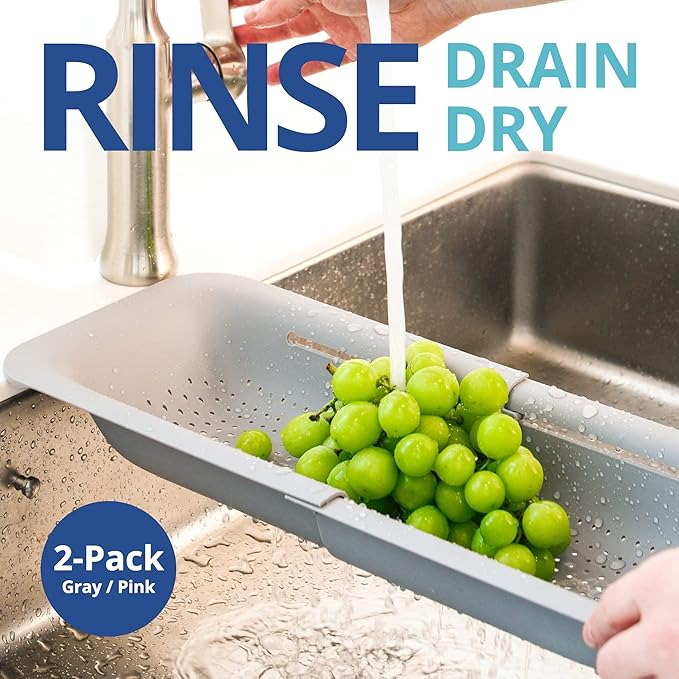 BLUE GINKGO Over the Sink Colander Strainer Basket - Wash Vegetables and Fruits, Drain Cooked Pasta and Dry Dishes - Extendable - New Home Kitchen Essentials (Grey & Pink, 2 Pack)
