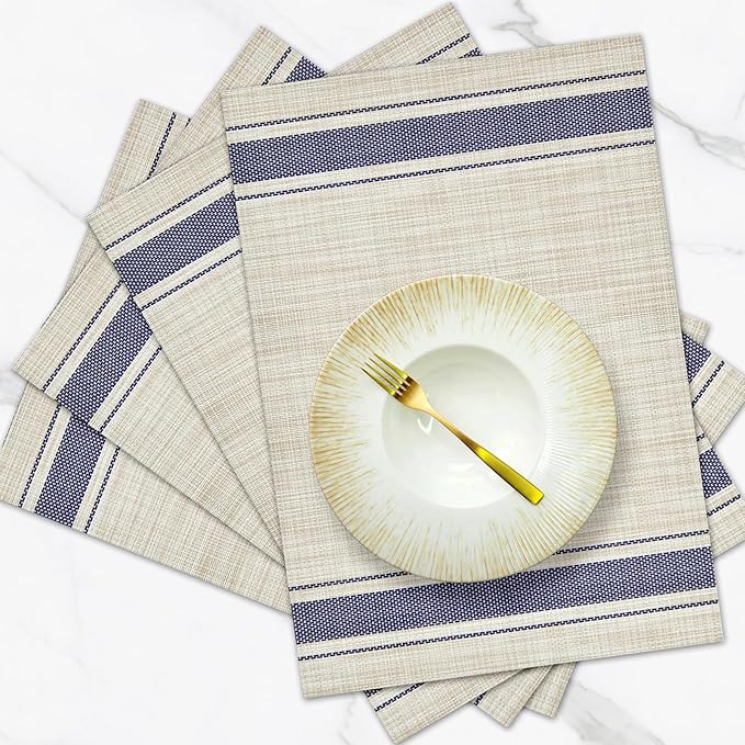 Khaki Blue Placemats Set of 4, 12x18 Inch Heat-Resistant Washable Easy to Clean Place Mats, Faux Linen Cloth Table Mats Suitable for Indoor/Outdoor Parties & Kitchen Decor (Khaki Blue)
