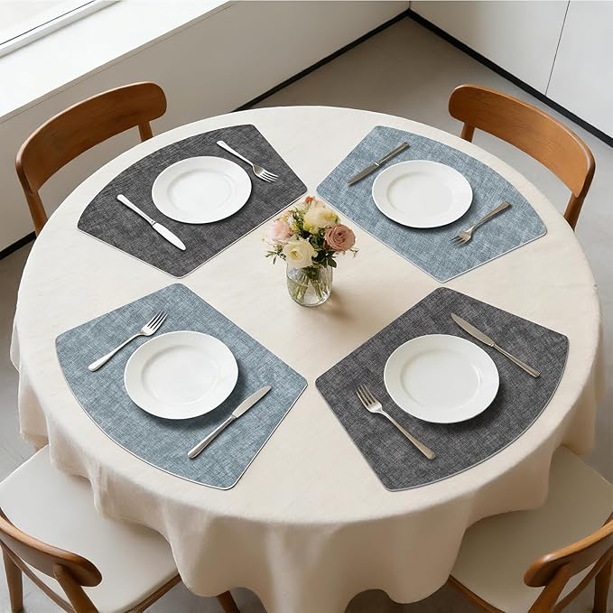 Round Table Placemats Set of 4, Dual-Sided Wedge Shape Faux Leather Table Mats, Washable Wipeable Heat Resistant Place Mats for Outdoor Indoor, Blue Gray