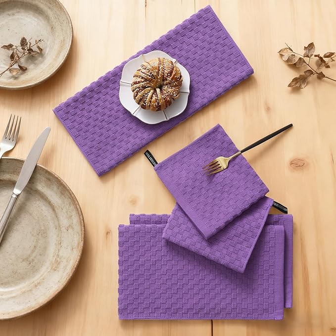 Homaxy 100% Cotton Kitchen Towels and Dishcloths Set, 12 x 12 & 15 x 25 Inches, Set of 8 Bulk Terry Cloth Dish Towels, Super Soft and Absorbent Hand Towel with Hanging Loop, Purple