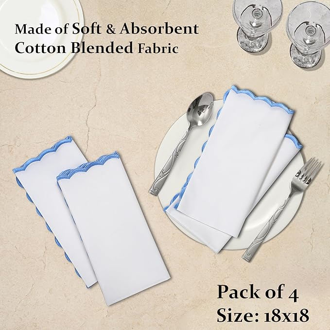 Ridhi Cloth Napkins 100% Pure Cotton Farmhouse Wedding Dinner Napkins Gift for Spring, Easter, Valentine, Holiday, Everyday Napkin (4-18" x 18" Dinner Napkin, White with Blue Edge)