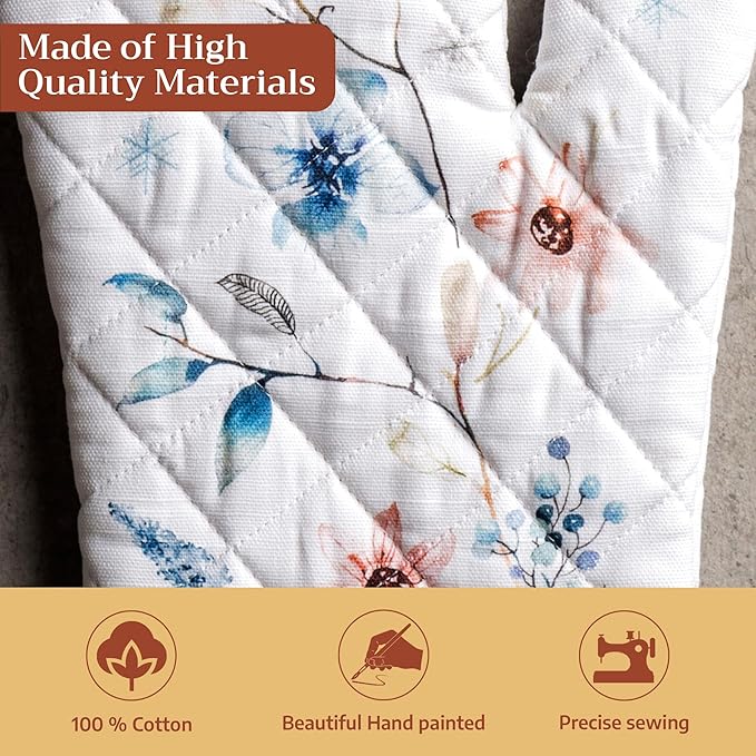 Maison d' Hermine Oven Gloves 100% Cotton Oven Mitt 7" x 13" with Loop Heat Resistant BBQ Cooking Gloves for Thanksgiving Christmas Decorations Baking Handling Hot Pans (Pack of 1, Ice Florals)