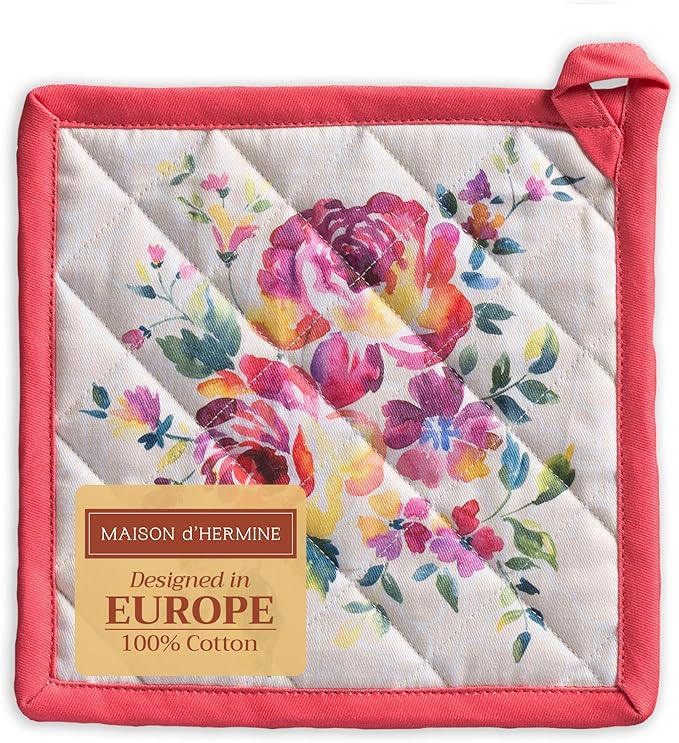 Maison d' Hermine Pot Holders 100% Cotton Heat Resistant Potholders 8" x 8" Hot Pads with Loop BBQ Cooking Baking Gifts for Mothers Day Handling Hot Pans Spring/Summer (Pack of 1, Rose Garden)